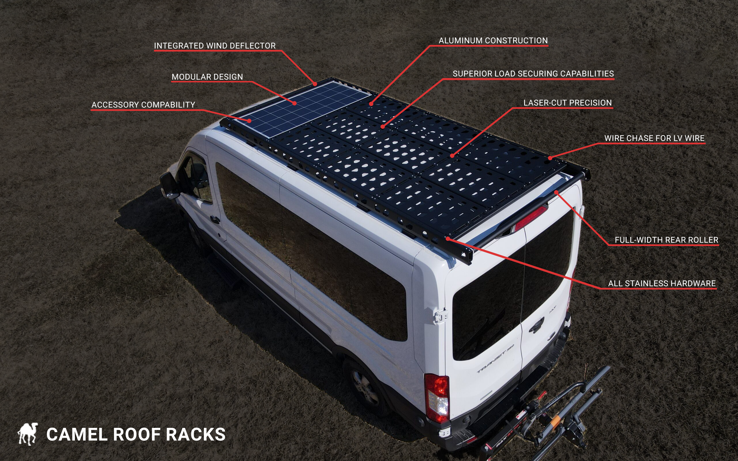 A Graphic Showing a list of the features integrated into all of our roof racks. These features are: Integrated Wind Deflector, Modular Design, Accessory Compatibility, Aluminum Construction, Superior Load Securing Capabilities, Laser-cut Precision, a Wire chase for low-voltage wire, Full-width rear roller, and all stainless hardware